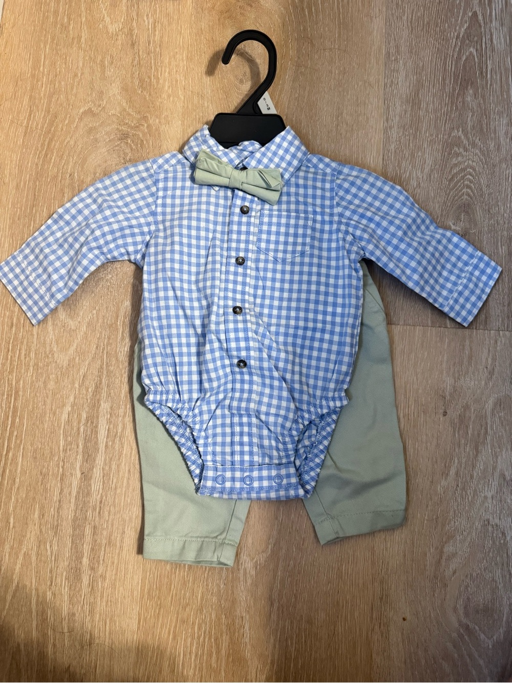 Carters Baby Boys' Blue Gingham Shirt Bodysuit with Mint Bow Tie and Pants